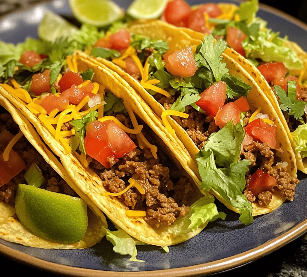 At the heart of these tacos is ground beef, chosen for its rich flavor and satisfying texture. Ground beef is a popular choice for taco fillings due to its ability to absorb seasonings and sauces, making it a versatile option. The fat content in ground beef contributes to its juiciness, ensuring that each bite is flavorful and moist. For health-conscious cooks or those seeking alternatives, ground turkey or plant-based meat substitutes can be excellent choices. Both options provide a lighter profile while still delivering a hearty taco experience.