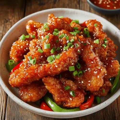 Crispy Chilli Beef Delight is a vibrant and flavorful dish that has made a significant mark in the world of Asian cuisine. This recipe combines the perfect balance of sweet and spicy flavors that tantalize the taste buds and satisfy any craving for something both hearty and exciting. The dish features thinly sliced flank steak that is fried to a delightful crispiness, enveloped in a glossy glaze that marries the heat of chilies with the sweetness of the sauce. Accompanied by colorful bell peppers and fresh green onions, this dish not only pleases the palate but also creates a visually appealing plate that is sure to impress.