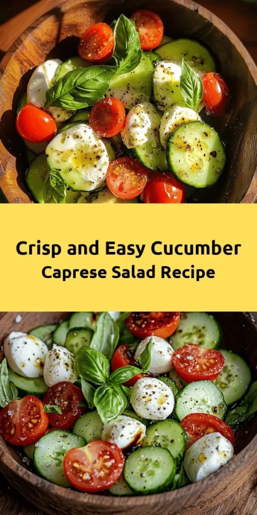 Looking for a light and refreshing dish? Try this Cucumber Caprese Salad! Bursting with fresh flavors, this easy recipe combines crisp cucumbers, juicy cherry tomatoes, and creamy mozzarella for the perfect summer dish. Tossed with olive oil and balsamic vinegar, it’s not only delicious but also simple to make in just 10 minutes. Perfect as a side or a light lunch, this salad serves 4 and is sure to impress your guests!