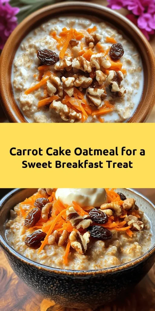 Start your day with a delicious twist on breakfast: Carrot Cake Oatmeal Delight! This flavorful oatmeal combines rolled oats and almond milk with grated carrots, warm spices, and crunchy walnuts for a wholesome treat. Sweeten it with maple syrup and top it off with a touch of cream cheese for an extra indulgence. Quick to make and packed with nutrients, this comforting dish is perfect for a cozy morning. Give it a try and enjoy the delightful flavors!