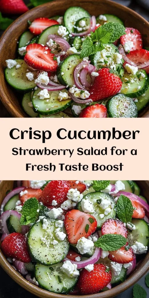 Elevate your salad game with this refreshing Cucumber Strawberry Salad! Perfect for warm days, this colorful dish combines juicy strawberries, crisp cucumbers, and tangy feta cheese, all tossed with a light olive oil and balsamic dressing. With just 15 minutes of prep time, it's an easy, delicious way to enjoy fresh produce. Add a touch of mint for a burst of flavor. Serve right away or chill for extra tasty goodness! Ideal for picnics and gatherings!