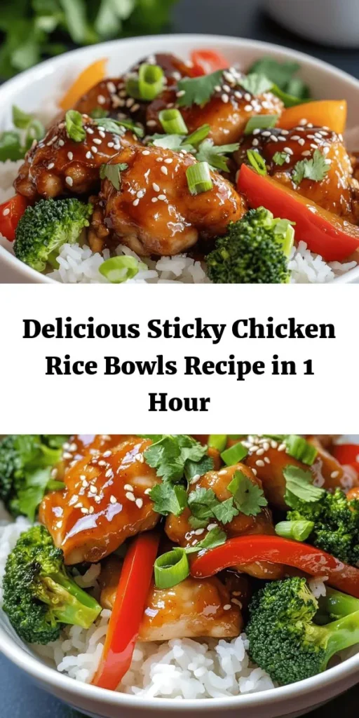 Elevate your weeknight dinners with these Sticky Chicken Rice Bowls! This easy recipe combines tender marinated chicken thighs with colorful bell peppers and broccoli, all bathed in a deliciously sweet and savory sauce. Served over fluffy jasmine rice, this dish looks as good as it tastes. Perfect for meal prep or a cozy family dinner, make sure to garnish with green onions and sesame seeds for that extra touch. Enjoy a flavorful and satisfying meal in just an hour!