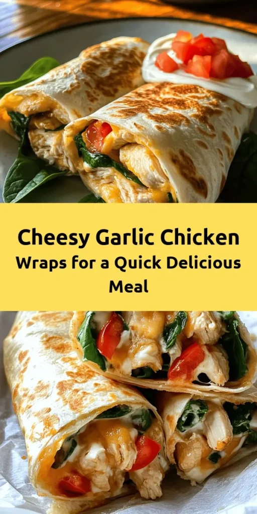 Indulge in these Cheesy Garlic Chicken Wraps for a quick and delicious meal! With tender chicken, a blend of mozzarella and cheddar cheese, and a hint of garlic, these wraps are packed with flavor. Fresh spinach and optional tomatoes add a healthy twist. They’re easy to make in just 30 minutes and perfect for lunch or dinner. Serve them with sour cream or ranch for an extra creamy touch. Enjoy this cheesy goodness wrapped in a warm tortilla!
