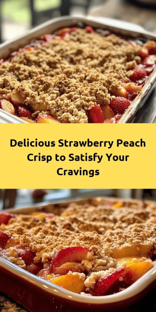 Indulge in the delightful flavors of summer with this easy Strawberry Peach Crisp! Bursting with ripe strawberries and juicy peaches, this dessert is sweetened with a touch of sugar and lemon juice, then topped with a crunchy oat and brown sugar crumble. Bake it until golden brown for a warm, comforting treat. Perfect on its own or served with a scoop of vanilla ice cream, this crisp is sure to be a hit! Enjoy it fresh from the oven.