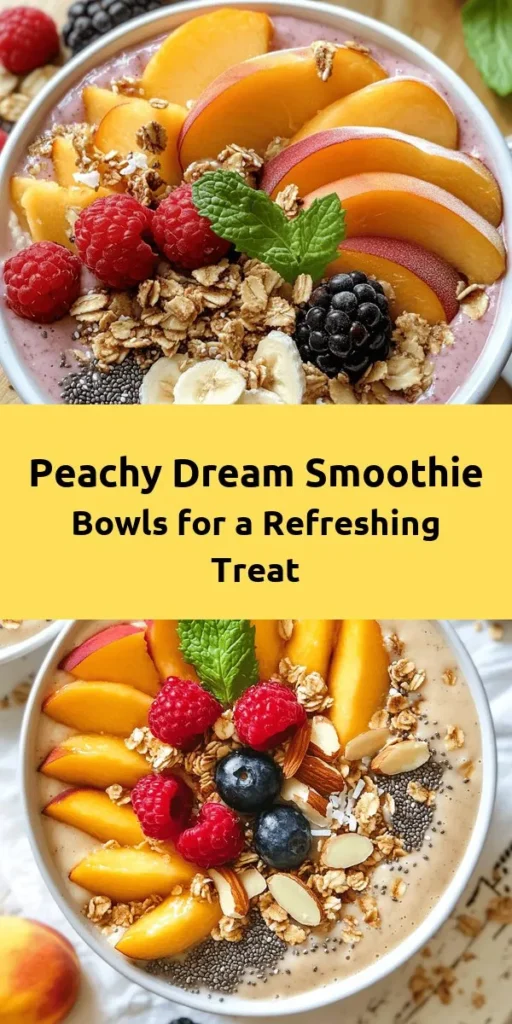 Dive into summer with these vibrant Peach Smoothie Bowls! This quick and refreshing recipe is perfect for breakfast or a light snack. Just blend ripe peaches, frozen bananas, Greek yogurt, and almond milk for a creamy base. Top with crunchy granola, chia seeds, fresh peach slices, and a sprinkle of your favorite fruits and nuts. With a touch of honey and a garnish of mint, it’s a delicious, nutritious treat ready in just 10 minutes! Enjoy the colorful flavors!
