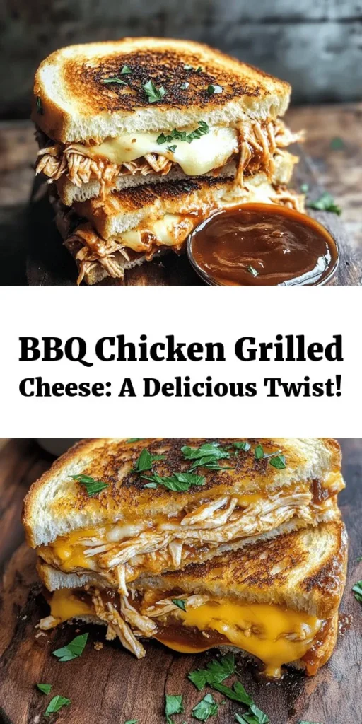 Indulge in the ultimate comfort food with this BBQ Chicken Grilled Cheese! This delicious sandwich combines tender shredded chicken coated in your favorite BBQ sauce, layered with gooey sharp cheddar and mozzarella cheese, all grilled between two slices of buttery sourdough. Perfect for a quick meal or a tasty snack, this recipe takes just 20 minutes to make. Top with fresh parsley for a burst of color and serve with extra BBQ sauce for dipping!
