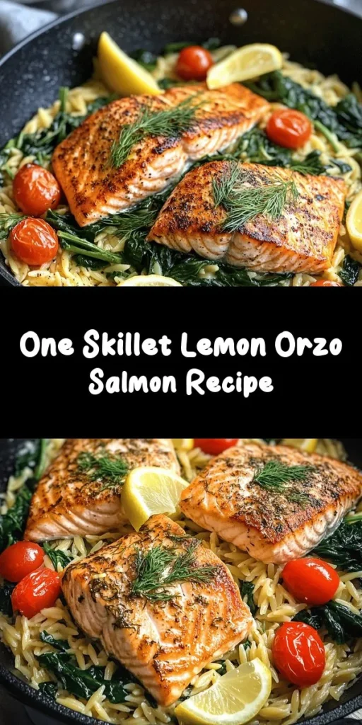 Elevate your dinner with this One Skillet Salmon with Lemon Orzo recipe! In just 30 minutes, you can create a delicious dish featuring perfectly seared salmon fillets nestled on a bed of zesty lemon orzo, vibrant cherry tomatoes, and fresh spinach. This easy and wholesome meal is full of flavor and nutrition, making it perfect for any night of the week. Serve with lemon wedges for a bright finish that will have everyone coming back for more!