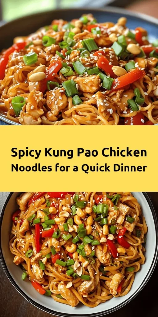 Dive into a delicious bowl of Kung Pao Chicken Noodles! This quick and easy recipe features tender chicken, colorful bell peppers, and a delightful mix of flavors, including soy sauce, rice vinegar, and peanuts. Perfect for a weeknight dinner or meal prep, this dish can be customized to suit your heat preference. Follow simple steps to stir-fry your way to a satisfying meal that's ready in just 45 minutes. Garnish and serve for a tasty treat!