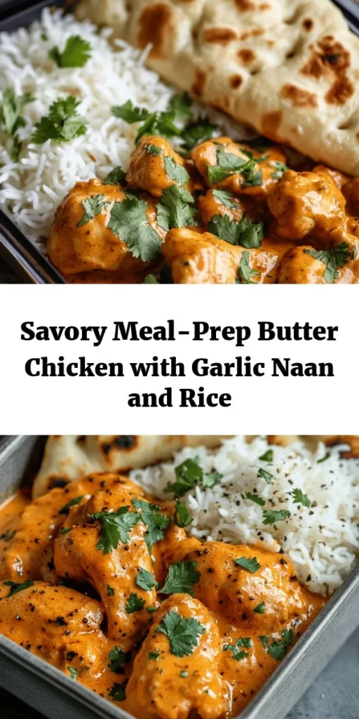 Elevate your meal prep game with this delicious Butter Chicken recipe paired with fluffy rice and homemade garlic naan! This easy-to-follow recipe features marinated chicken in a rich, creamy sauce, perfect for satisfying your cravings. Serve it all up in meal prep containers for an amazing week-long lunch or dinner option. Enjoy the warmth of the spices and the comfort of fresh naan! Perfect for busy days ahead!