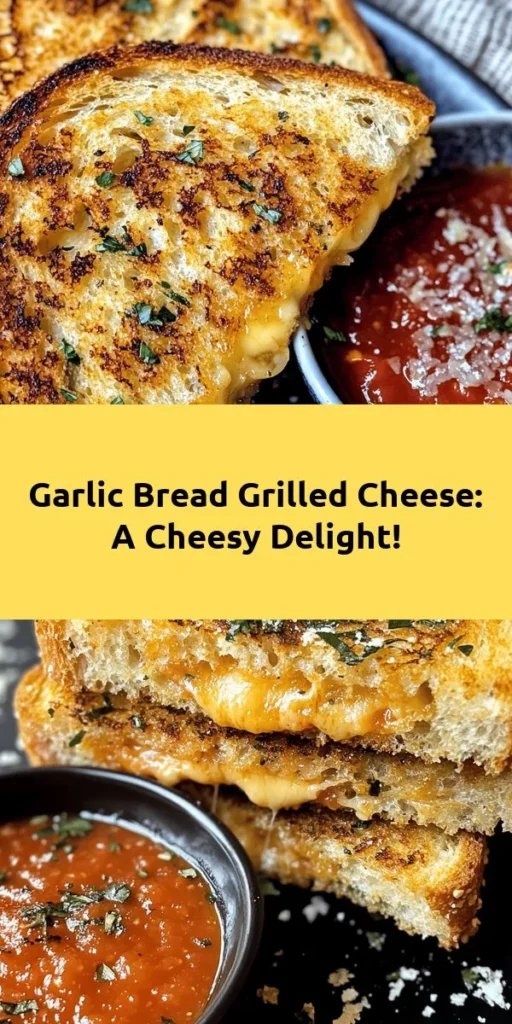 Indulge in the ultimate comfort food with this Garlic Bread Grilled Cheese! Savory garlic butter mingles with sharp cheddar, all nestled between thick-cut garlic bread for a crunchy, cheesy delight. With a quick prep time of just 10 minutes, this recipe is perfect for lunch or dinner. Whether you enjoy it on its own or with a side of marinara for dipping, this grilled cheese will elevate your taste buds. Get ready to savor each gooey, garlicky bite!