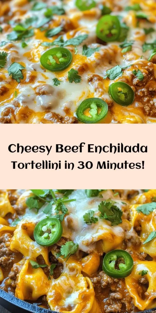 Indulge in the cheesy goodness of this Cheesy Beef Enchilada Tortellini! This quick and easy recipe combines cheese-filled tortellini with seasoned ground beef, black beans, and corn, all coated in flavorful enchilada sauce. Topped with a generous layer of melted Mexican blend cheese and garnished with fresh cilantro and jalapeños, it's a delightfully cheesy meal perfect for busy weeknights. Ready in just 30 minutes, it's sure to satisfy your cravings!