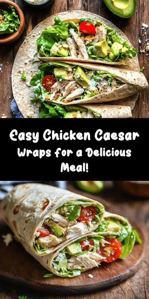 Looking for a delicious, quick meal? Try these Ultimate Chicken Caesar Wraps! Packed with juicy chicken, crisp romaine lettuce, and creamy Caesar dressing, this recipe is a winner for lunch or dinner. With just 15 minutes of prep time, you'll enjoy a satisfying meal in no time. Customize with your favorite toppings like cherry tomatoes or avocado for an extra flavor boost. Perfect for a nutritious on-the-go option!
