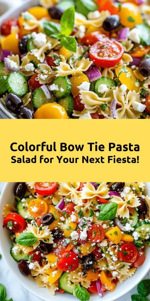 Celebrate flavor with this vibrant Bow Tie Pasta Salad Fiesta! Perfect for gatherings, this colorful dish features bow tie pasta, juicy cherry tomatoes, crisp cucumbers, and a medley of olives and bell peppers, all tossed in a zesty dressing of olive oil and red wine vinegar. Finished with feta cheese and fresh basil, this salad is a refreshing side or main. Easy to prepare in just 45 minutes, it's a crowd-pleaser for any occasion. Enjoy it cold for the perfect summer treat!