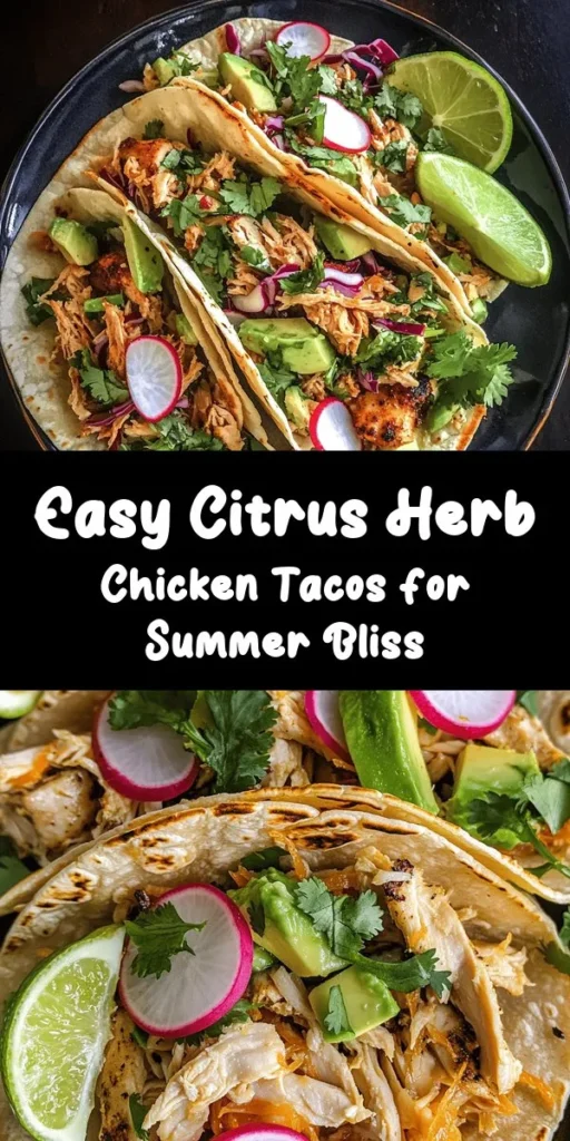 Enjoy a taste of summer with these Citrus Herb Grilled Chicken Tacos! Simple to make in a slow cooker, this dish features tender, flavorful chicken marinated in fresh lime and orange juices with a blend of spices. Shred the chicken and serve it in warm corn tortillas topped with crunchy cabbage, creamy avocado, and zesty radishes. Perfect for quick weeknight dinners or weekend gatherings. Fresh, easy, and absolutely delicious!