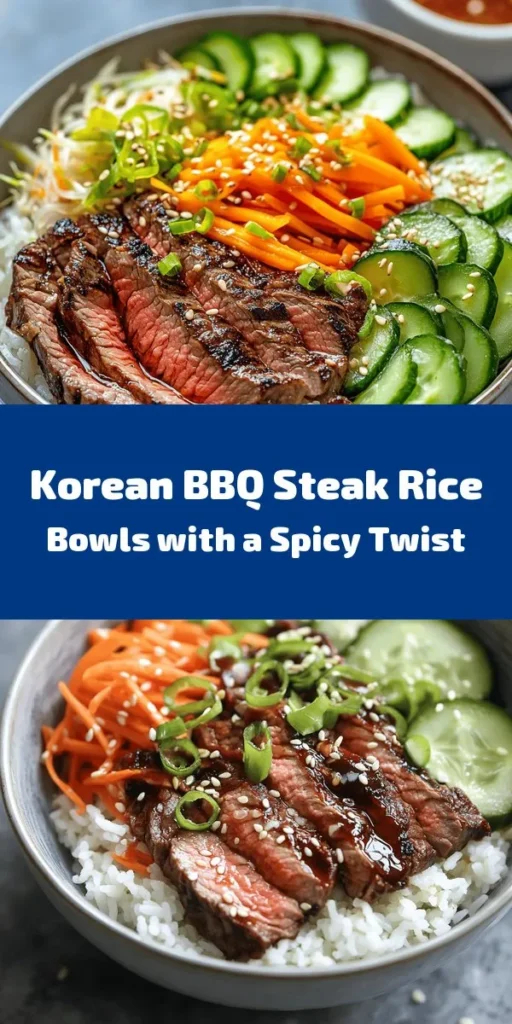 Bring the flavors of Korean BBQ to your dinner table with these delicious Steak Rice Bowls featuring a creamy spicy sauce! Marinated flank steak grilled to perfection sits atop fluffy jasmine rice, complemented by fresh veggies like carrots, cucumbers, and bean sprouts. Drizzle on a zesty homemade spicy cream sauce and sprinkle with sesame seeds for that extra crunch. Quick to prepare, this recipe is perfect for weeknight dinners or impressing guests!
