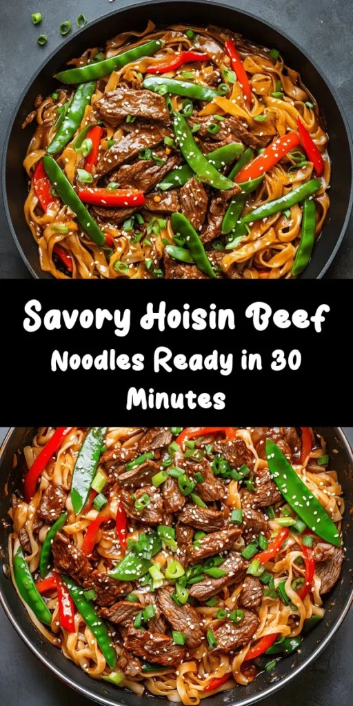 Savor the deliciousness of these Hoisin Beef Noodles! This easy-to-follow recipe features tender beef sirloin marinated in rich hoisin and oyster sauces, perfectly stir-fried with vibrant veggies like bell peppers and snow peas. Ready in just 30 minutes, this dish combines rice noodles with a burst of flavors and a hint of sesame oil. Garnish with green onions and sesame seeds for a stunning presentation. Perfect for a quick weeknight dinner!