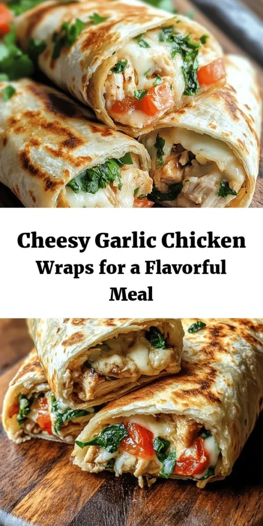 Delight in these Cheesy Garlic Chicken Wraps, perfect for a quick and satisfying meal! Packed with shredded chicken, gooey mozzarella, and rich cream cheese, this recipe is a flavorful treat. Simply mix the ingredients, wrap them in tortillas with fresh spinach and tomatoes, and cook until golden brown. They’re great for lunch, dinner, or a snack! Serve with your favorite dipping sauce for an extra kick. Quick, easy, and cheesy – your new favorite wrap!