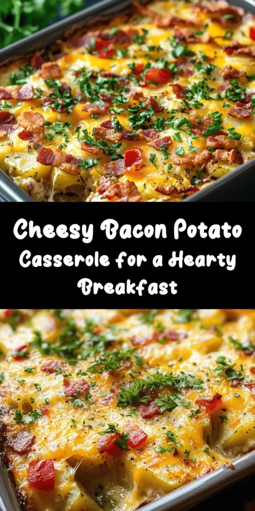 Start your day the delicious way with this Cheesy Bacon Potato Breakfast Casserole! Packed with tender russet potatoes, crispy bacon, and a blend of cheddar and Parmesan cheeses, this hearty dish is sure to please. Simply boil the potatoes, sauté the veggies in bacon fat, mix everything together, and bake until golden brown. Perfect for busy mornings or a weekend brunch, serve warm and enjoy the cheesy goodness! Get ready for smiles around the breakfast table.