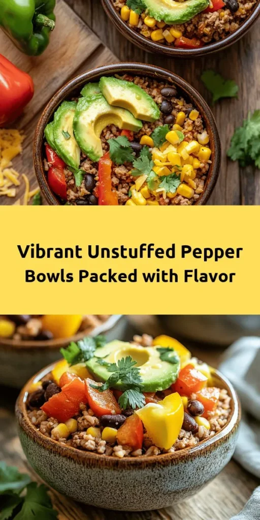 Discover a vibrant and delicious twist on stuffed peppers with these Colorful Unstuffed Pepper Bowls! Packed with hearty ground turkey or beef, nutritious brown rice or quinoa, and an array of veggies, this dish is perfect for busy nights. It's easy to customize with your favorite toppings like cheese, avocado, or Greek yogurt. In just 30 minutes, you can have a meal that's both satisfying and healthy. Whether for meal prep or a simple dinner, this recipe is a must-try!