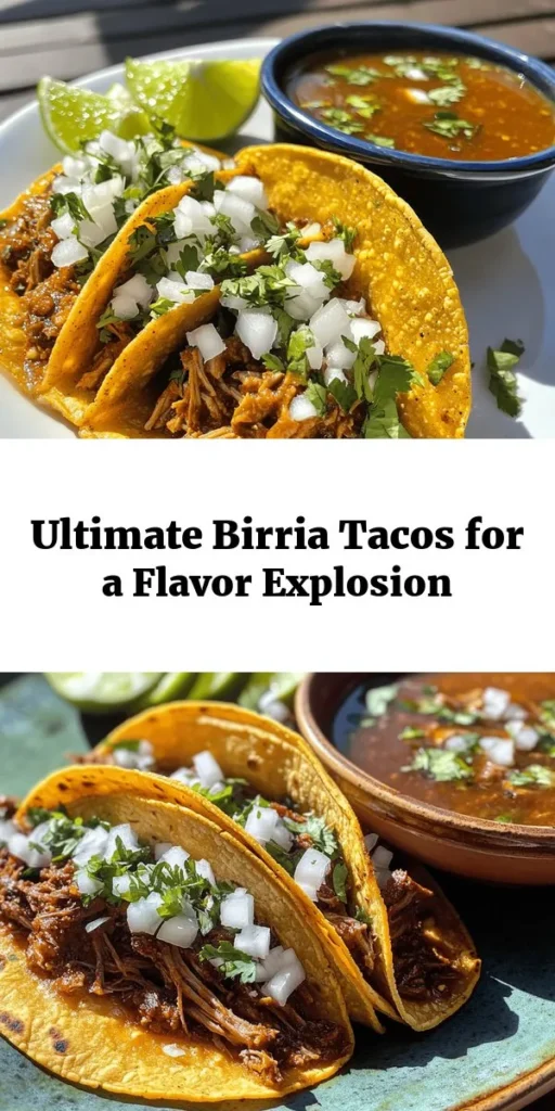 Savor the rich flavors of Birria Bliss Tacos! These savory tacos feature tender chunks of chuck roast and beef shank, infused with a mouthwatering blend of dried peppers and spices. The slow-cooked beef is shredded and served in crispy corn tortillas, topped with queso fresco, fresh cilantro, and diced onion. Serve them with a tasty dipping broth for an unforgettable meal. Perfect for gatherings or a cozy dinner at home! Enjoy this delicious journey of flavors!