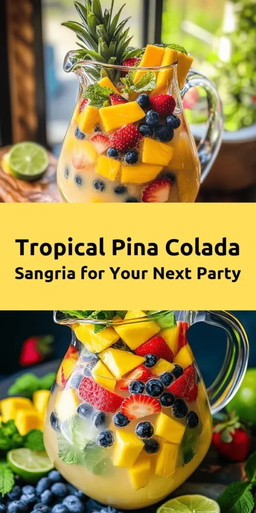 Dive into a tropical paradise with this refreshing Tropical Bliss Pina Colada Sangria! This vibrant and fruity drink combines white rum, coconut water, and coconut cream with pineapple, strawberries, mangoes, and blueberries for a burst of flavor. Chill for a couple of hours (or overnight for the best taste) and top with sparkling white wine for a fizzy finish. Perfect for gatherings, this sangria is garnished with fresh mint and lime slices. Cheers to sunshine in a glass!