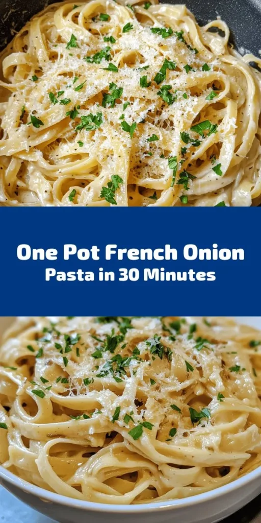 Indulge in the rich flavors of this One Pot French Onion Pasta Delight! Perfectly caramelized onions and garlic combine with fettuccine, creamy heavy cream, and a blend of Gruyère and Parmesan cheeses for a comforting, delicious meal. This recipe is easy to prepare in just one pot, making cleanup a breeze. Garnish with fresh parsley and extra cheese for the ultimate touch. Perfect for weeknight dinners or special occasions!