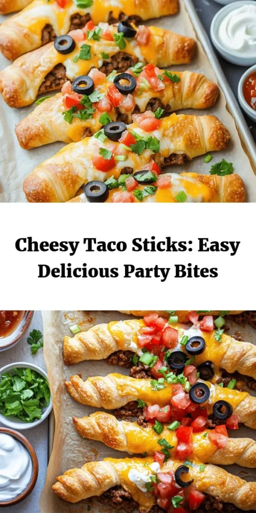 Get ready to elevate your snack game with these delicious Cheesy Taco Sticks! Packed with seasoned ground beef or turkey, refried beans, melted cheddar and mozzarella, and topped with fresh tomatoes and green onions, these easy-to-make sticks are perfect for parties or a cozy night in. Just roll, bake, and enjoy with a side of sour cream and salsa. On the table in just 35 minutes—kids and adults alike will love them! 🌮🧀