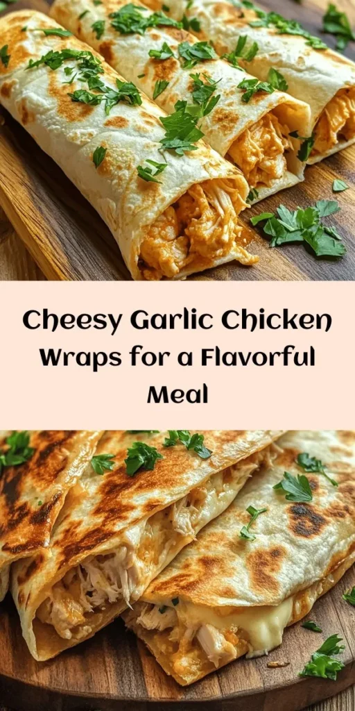 Whip up these Cheesy Garlic Chicken Wraps for a delicious meal that's both quick and satisfying! With tender shredded chicken, creamy cheeses, and a burst of garlic flavor, these wraps are easy to make and perfect for lunch or dinner. Just mix, roll, and pan-fry for a crispy finish. Ready in just 25 minutes, they're a crowd-pleaser that can be served hot and garnished with fresh parsley. Try this recipe for a cheesy delight everyone will love!