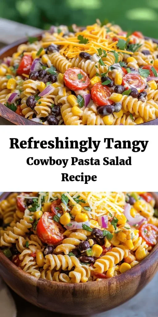 Whip up this delicious Cowboy Pasta Salad for a vibrant and flavorful dish that's perfect for any occasion! Made with fusilli pasta, cherry tomatoes, black beans, and crunchy veggies, this salad is packed with color and taste. Tossed in a zesty ranch dressing with a hint of lime and smoked paprika, it's sure to be a hit! Quick to prepare and ideal for gatherings, enjoy it chilled as a side or a main dish. Ready in just 45 minutes!