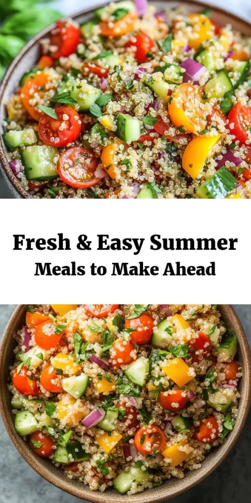 Get ready for summer with these refreshing make-ahead meals that are light and full of flavor! Start with a vibrant Summer Herb Quinoa Salad packed with veggies and herbs, perfect for warm days. Spiralized Zucchini Noodle Primavera makes for a fun low-carb option. Enjoy the sweet and savory Watermelon & Feta Salad as a delightful side. For a tasty main, whip up Grilled Shrimp Tacos and finish with a nutritious Spinach & Chickpea Salad. These dishes are easy to prep and perfect for outdoor gatherings!