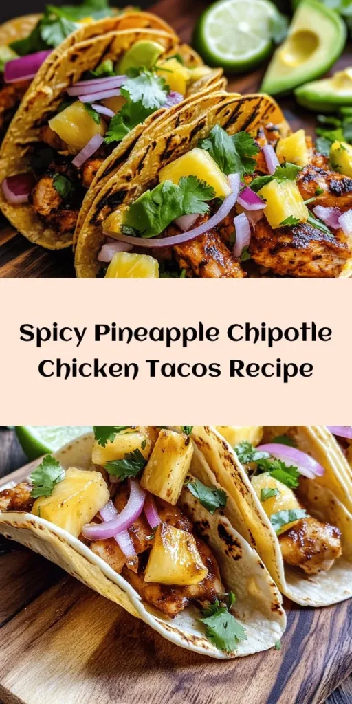 Get ready to spice up your taco night with these delicious Spicy Pineapple Chipotle Chicken Tacos! Featuring tender marinated chicken thighs infused with chipotle, smoked paprika, and fresh pineapple, this recipe blends sweet and smoky flavors perfectly. Serve on warm corn tortillas and top with zesty lime, red onion, and cilantro. Add avocado or crumbly cheese for an extra touch. Perfect for a quick weeknight meal or casual gatherings!