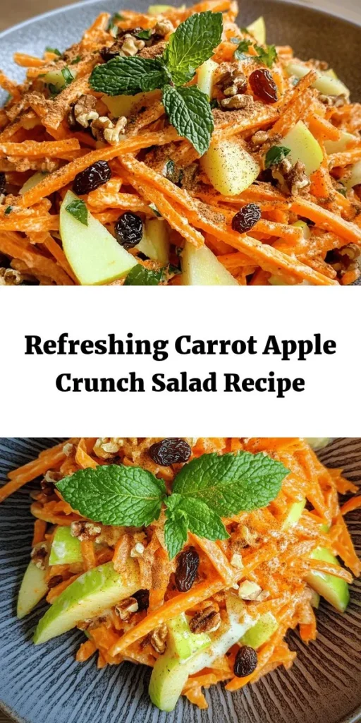 Brighten up your meal with this refreshing Carrot Apple Crunch Salad! Perfect for a light lunch or as a side dish, this salad combines grated carrots, crunchy apples, and sweet dried fruits, all tossed in a creamy yogurt dressing with a hint of cinnamon. With just 15 minutes of prep time, it's simple to make and packed with flavor. Add a touch of mint for extra freshness! Enjoy a healthy, crunchy delight that everyone will love.