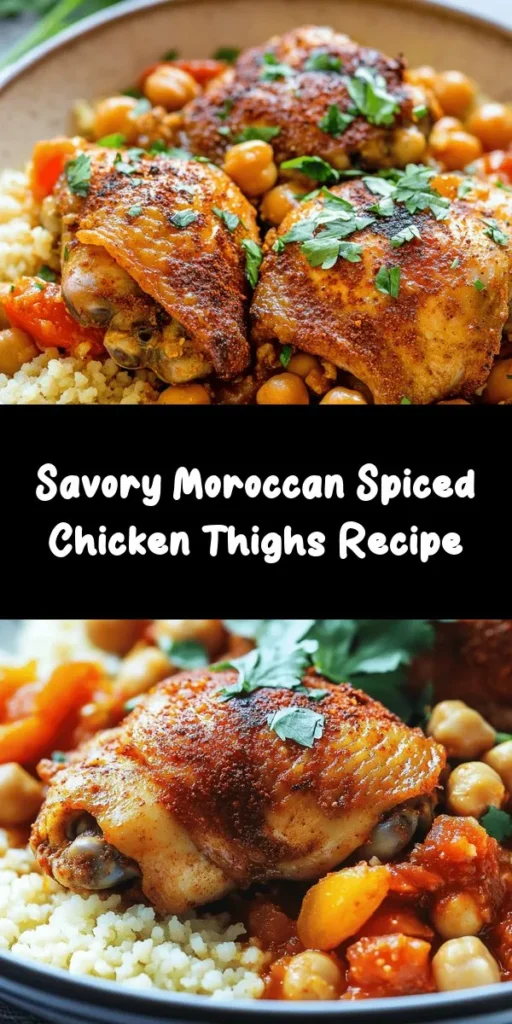 Discover a flavorful journey with this Moroccan Spiced Chicken recipe that combines tender chicken thighs with a delightful mix of spices! Marinated in ras el hanout and complemented by sweet apricots and hearty chickpeas, this dish bursts with vibrant flavors. Cooked in a savory tomato broth, it’s perfect served over couscous or rice. Garnish with fresh cilantro for a stunning finish. Enjoy a taste of Morocco in your kitchen!