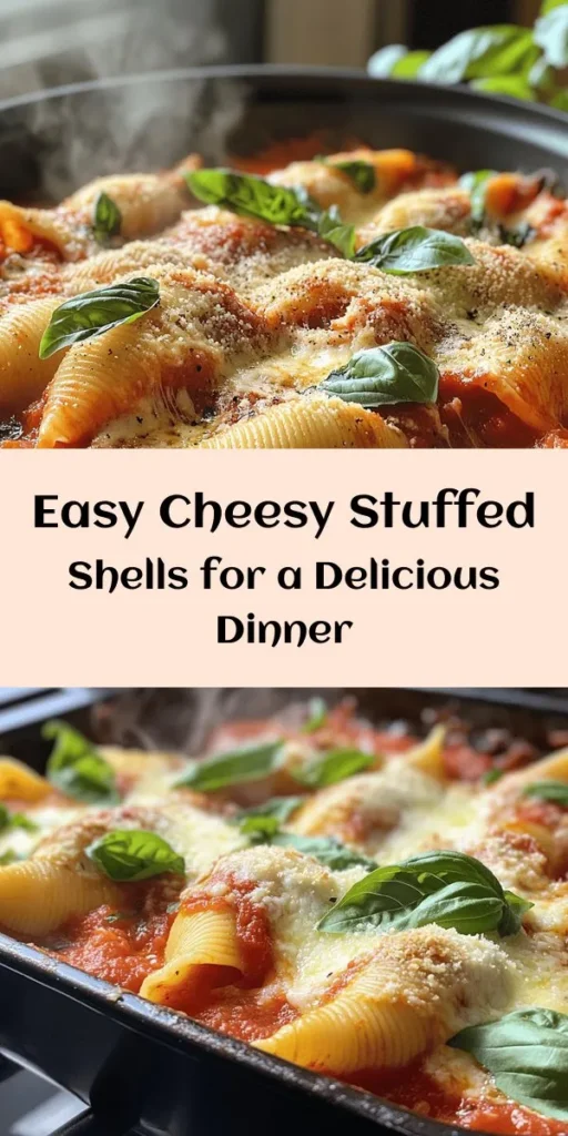 Indulge in this cheesy Italian delight with easy stuffed shells! Perfect for a cozy dinner, this recipe combines jumbo pasta shells filled with a creamy ricotta and mozzarella cheese mixture, seasoned with garlic and Italian herbs. Topped with marinara sauce and more melty cheese, these shells are baked to perfection. Ready in just 55 minutes, they make a delicious option for 4-6 servings. Garnish with fresh basil for a beautiful finish!