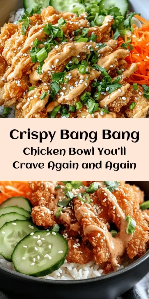 Get ready for a flavor explosion with this Bang Bang Chicken Bowl! Perfectly crispy chicken coated in Panko breadcrumbs is the star of this dish, complemented by a creamy, spicy Bang Bang sauce. Layer it over fluffy jasmine rice and fresh veggies like shredded carrots and cucumbers. Quick to whip up in just 40 minutes, this meal is not only delicious but visually stunning too! Garnish with green onions and cilantro for an extra pop. Enjoy this easy, crowd-pleasing recipe today!