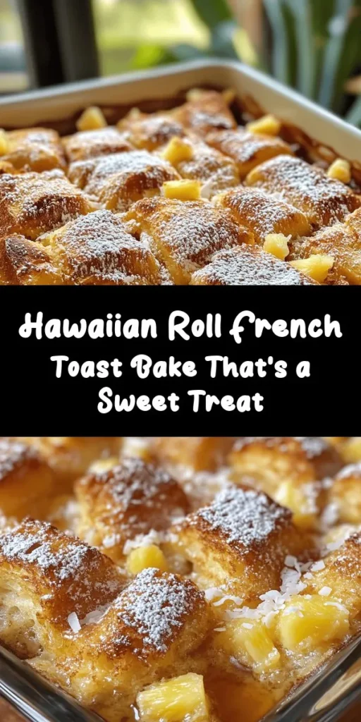 Indulge in the deliciousness of Sweet Hawaiian Roll French Toast Bake! This easy recipe combines tender, fluffy Hawaiian rolls with a rich custard made from eggs, milk, and cream, with a hint of vanilla and spices. Optional crushed pineapple and shredded coconut add a tropical twist. Perfect for brunch or a special breakfast, just bake it for 35-40 minutes until golden brown, dust with powdered sugar, and serve with maple syrup. Treat your family to a delightful morning treat!