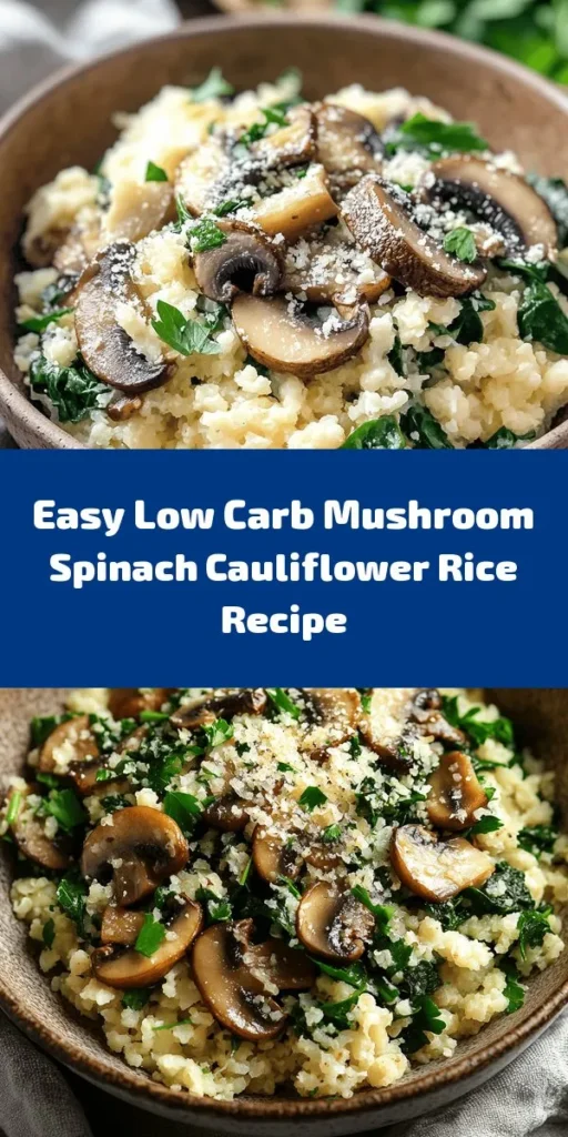 Discover a delicious and healthy low-carb dish with this Mushroom & Spinach Cauliflower Rice recipe! Perfect for a quick weeknight meal, this dish combines riced cauliflower with sautéed mushrooms, garlic, and fresh spinach. Ready in just 25 minutes, it's both nutritious and satisfying. Top it off with Parmesan cheese for an extra flavor boost. Serve it warm as a delightful side or a nutritious main course. Give it a try and enjoy a tasty way to enjoy your veggies!