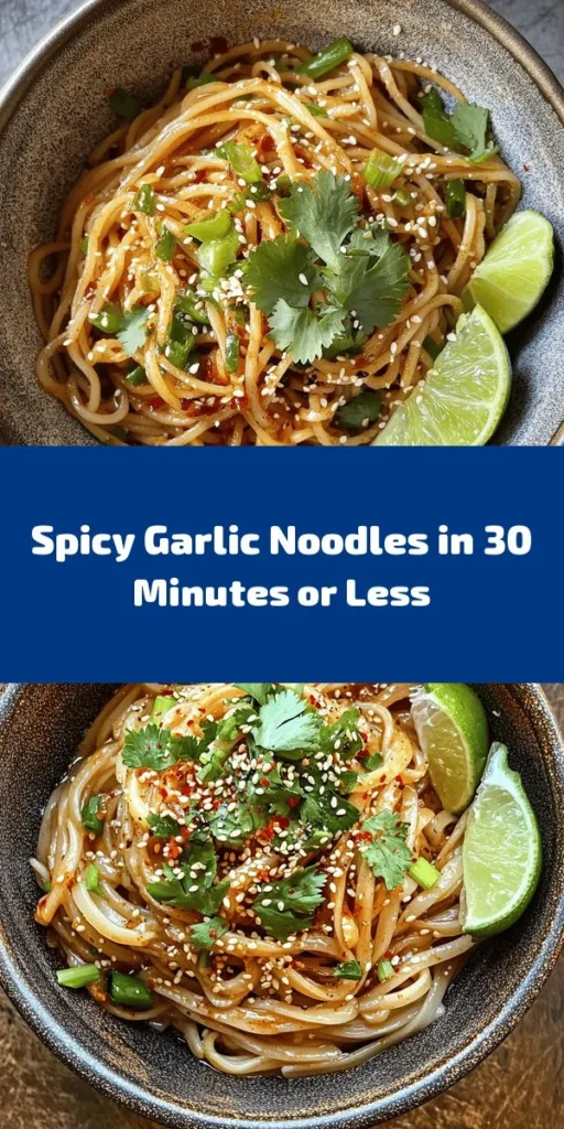 Spice up your dinner with these Fiery Garlic Noodles! Ready in just 30 minutes, this dish combines the perfect balance of heat and flavor, featuring garlic, chili paste, and savory sauces tossed with rice noodles. Garnished with fresh cilantro, sesame seeds, and a squeeze of lime, each bite is a burst of deliciousness. It's perfect for a quick weeknight meal or impressing guests at dinner. Get ready to indulge in some noodle goodness!
