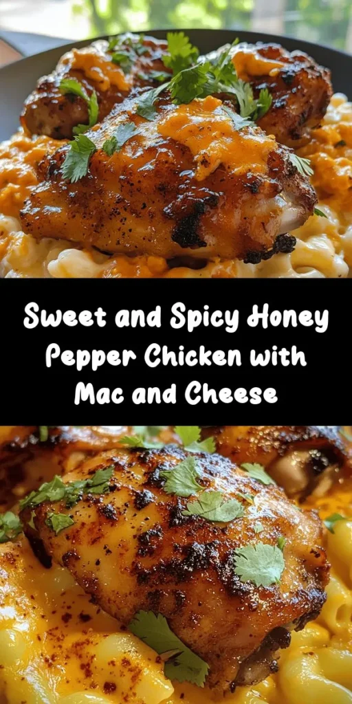 Indulge in a delicious blend of flavors with this Sweet and Spicy Honey Pepper Chicken paired with Creamy Macaroni Cheese. Perfect for a weeknight dinner, the marinated chicken brings an irresistible sweetness and heat, while the velvety mac and cheese offers a comforting side. Easy to prepare and sure to impress, this dish is a family favorite. Garnish with fresh cilantro for an added touch and enjoy every bite!