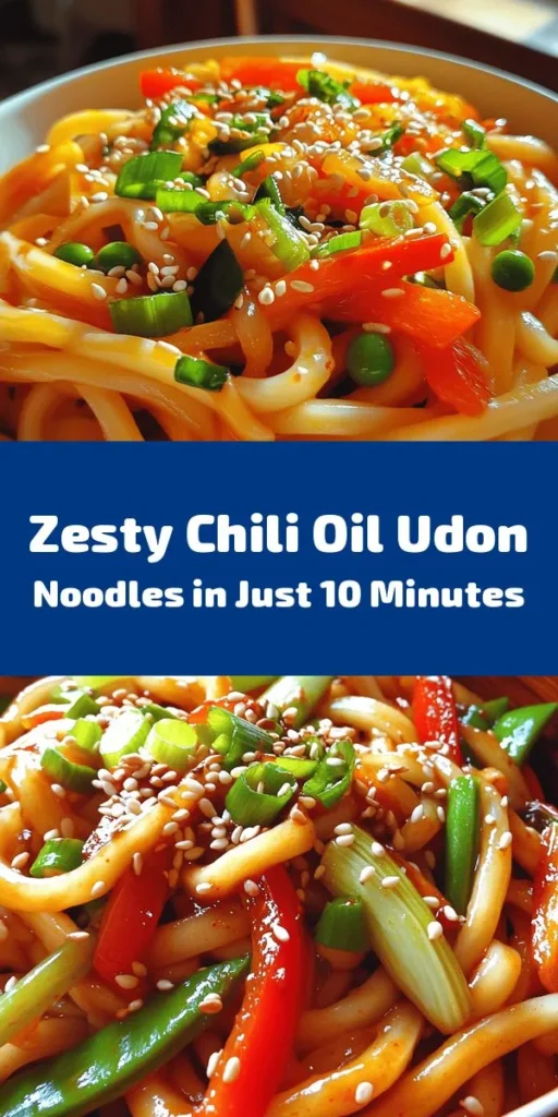 Get ready for a burst of flavor with these quick and zesty chili oil udon noodles! In just 10 minutes, you can whip up this delicious dish packed with savory garlic, crunchy vegetables, and a kick of spicy chili oil. Perfect for a busy weeknight dinner or a satisfying lunch, these noodles can be customized with your favorite protein. Toss everything together for a meal that’s as easy to make as it is to enjoy!