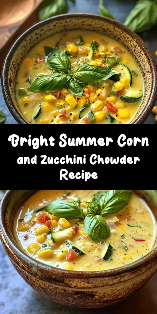 Dive into summer with this delightful Summer Corn and Zucchini Chowder! Fresh corn and zucchini combine in a creamy broth, making this a comforting dish perfect for warm days. With vibrant veggies like red bell pepper and fragrant garlic, every spoonful bursts with flavor. Easy to make and garnished with fresh herbs, it’s a perfect meal for sharing. Enjoy a taste of summer all year round. Perfect for 4-6 servings!