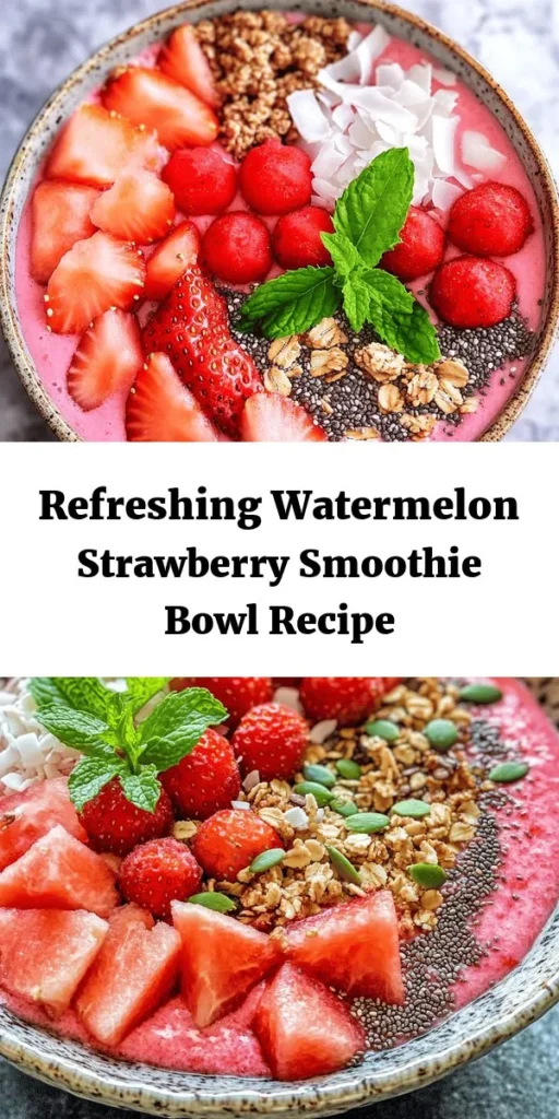 Indulge in the ultimate summer treat with this Refreshing Watermelon and Strawberry Smoothie Bowl! Packed with sweet watermelon, juicy strawberries, and creamy coconut yogurt, it's a nutritious delight ready in just 10 minutes. Top it with fresh fruit, crunchy granola, and a sprinkle of chia seeds for extra texture. Perfect for breakfast or a refreshing snack, this bowl will energize your day and keep you feeling cool. Enjoy this vibrant, healthy goodness!