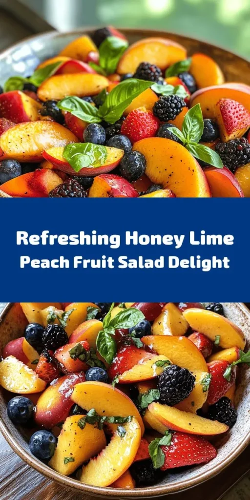 Elevate your summer gatherings with this refreshing Honey Lime Basil Peach Fruit Salad! Featuring ripe peaches, juicy strawberries, blueberries, and blackberries, this vibrant mix is enhanced with a tangy honey-lime dressing and fragrant basil. Perfect for a quick snack or a colorful side dish, it's easy to prepare and sure to impress. Let the flavors meld for a few minutes, serve chilled, and enjoy a taste of summer in every bite!