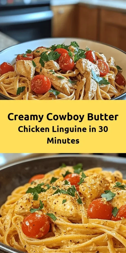 Discover the deliciousness of Easy Cowboy Butter Chicken Linguine! This creamy and flavorful dish combines tender chicken and linguine in a rich sauce made with garlic, butter, and spices. Ready in just 30 minutes, it’s the perfect weeknight meal. Toss in fresh cherry tomatoes and parsley for a burst of color and freshness. Serve with grated Parmesan on top for an extra touch. Your family will love this tasty twist on comfort food! 🍗🍝✨